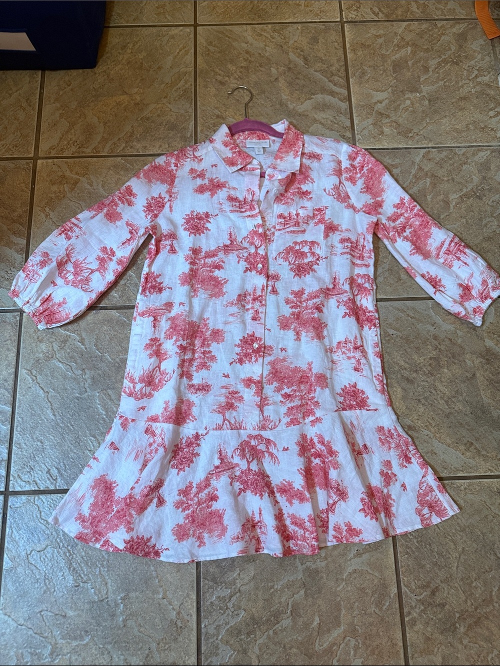 Charter Club White Dress with Pink Toile Print